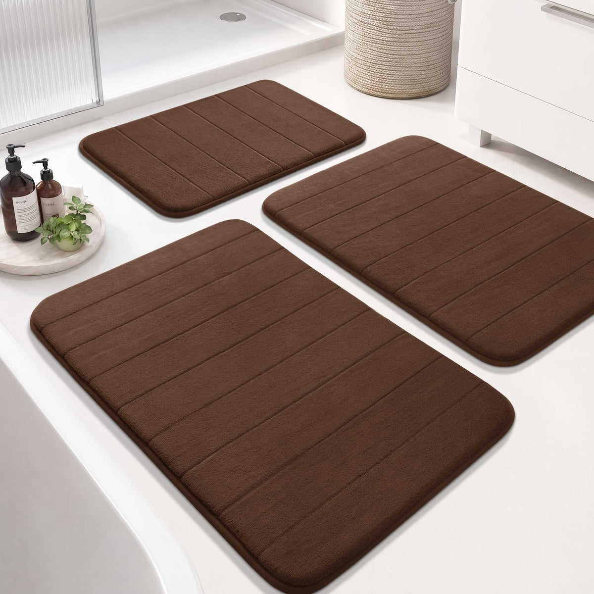 Yimobra Memory Foam Bath Mat Set 3 Pieces- Super Soft Absorbent Quick Dry Bathroom Rug Sets, Machine Washable Non Slip Floor Carpet for Tub Shower, Vanity & Toilet Base, Gray