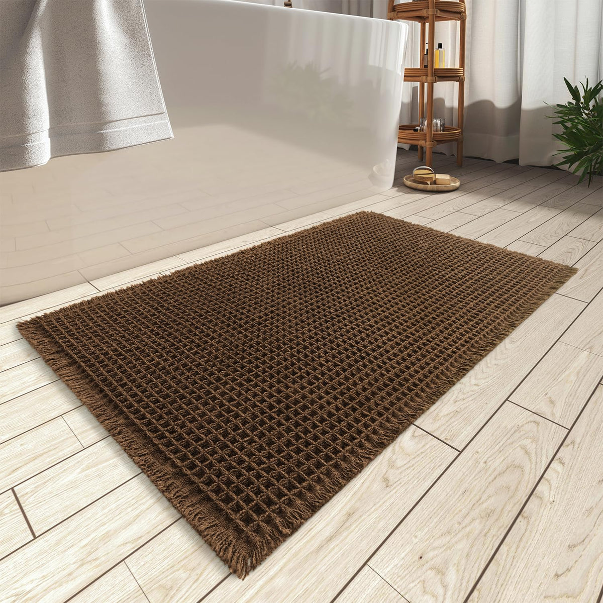 Upgraded Waffle Bath Mat Ultra Absorbent Non Slip Bathroom Mat, 17" x 24" | Brown, Quick Dry Washable Bathroom Rugs, Extra Soft Decorative Bath Rugs for Bathroom Floor, Beside Tub and Shower