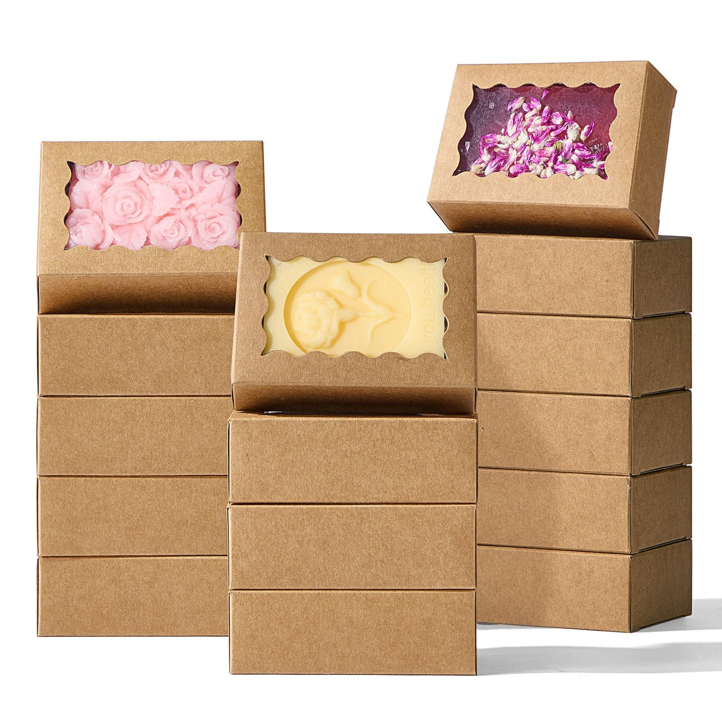40PCS Kraft Brown Soap Boxes with Window, 3.5x2.36x1.2 Inches, Small Gift Boxes for Homemade Soap, Macarons, Cookies, Candies, Wedding and Birthday Party Favors