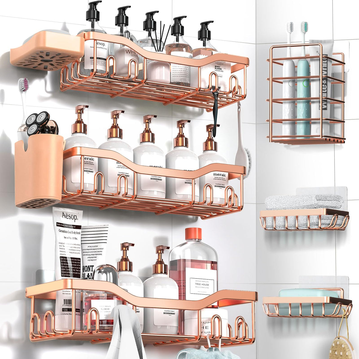NESOMI 7-Pack Shower Caddy Adhesive,Stainless Steel Shower Organizer Shelf | Rustproof, with Soap Dish Toothbrush Holder, Large Capacity, No-Drill Rack Bathroom Storage Accessories, 24 Hooks, Home Decor