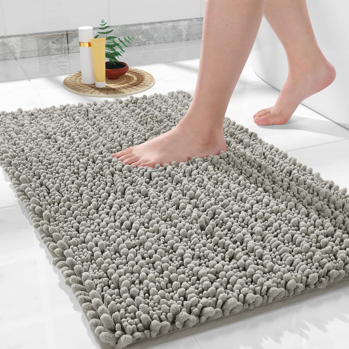 Yimobra Bathroom Rugs Non-Slip Washable – Extra Soft & Absorbent Chenille Bath Mat, Quick-Dry Plush Shaggy Floor & Vanity Bath Rugs for Tub & Shower, Modern Home Decor Accessories, 24 x 17, Grey