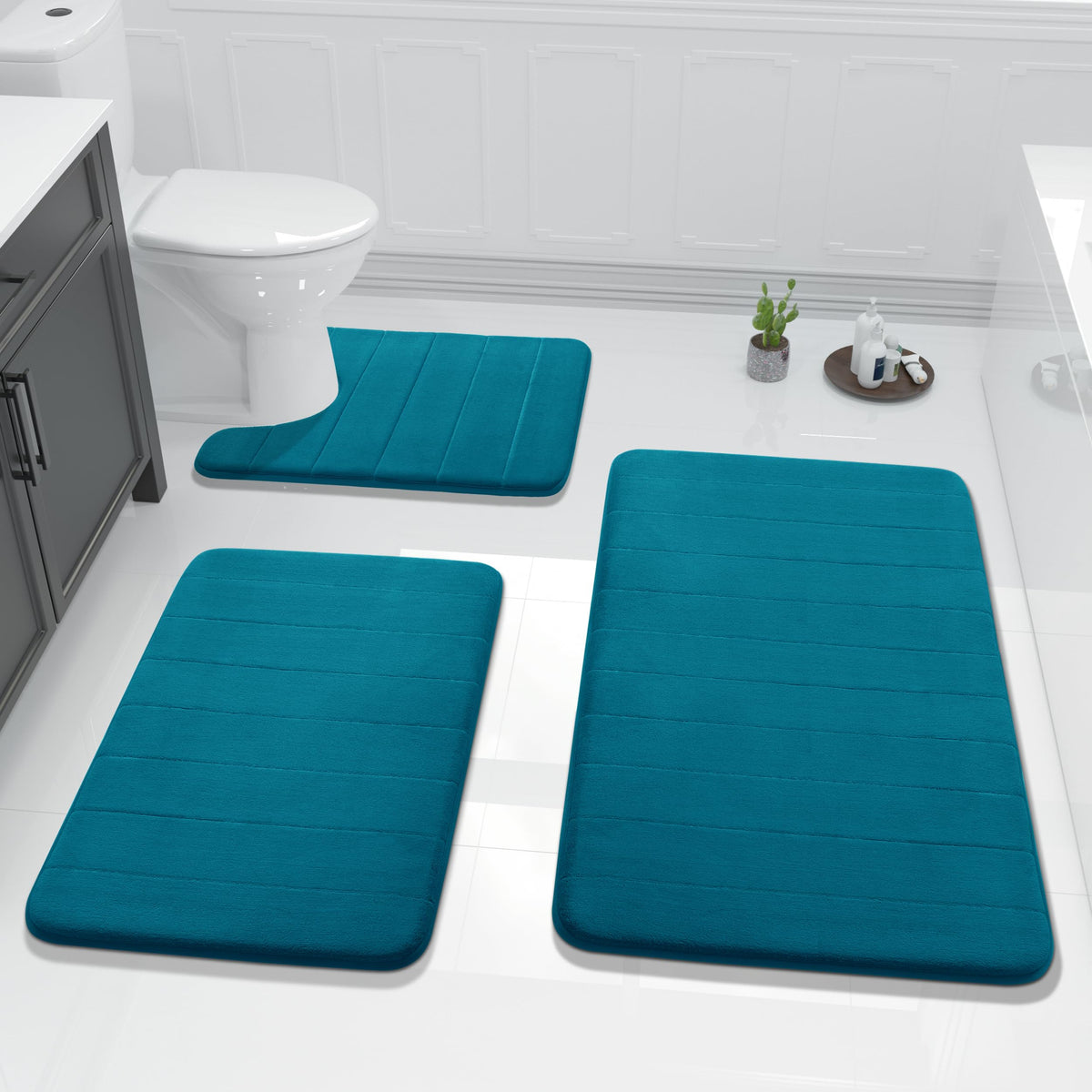 Yimobra Memory Foam Bath Mat Set 3 Pieces- Super Soft Absorbent Quick Dry Bathroom Rug Sets, Machine Washable Non Slip Floor Carpet for Tub Shower, Vanity & Toilet Base, Gray
