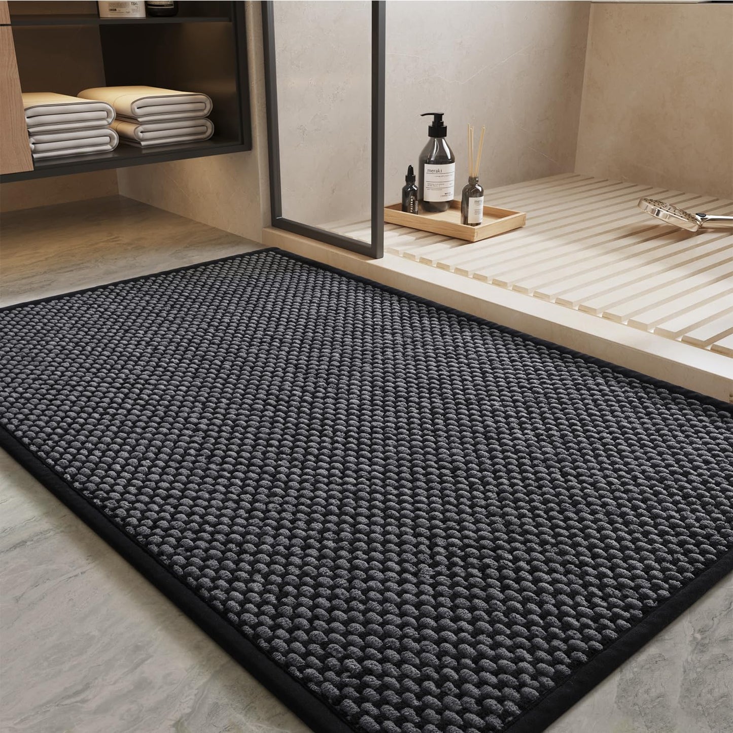 PADOOR-Bath Mat-Super Absorbent Chenille Bathroom Mats-Rubber Backed Bath Mats for Bathroom Non Slip, Easy Clean Bathroom Rugs Front of Bathtub,Shower Room,Sink-17×28, Beige&Cream