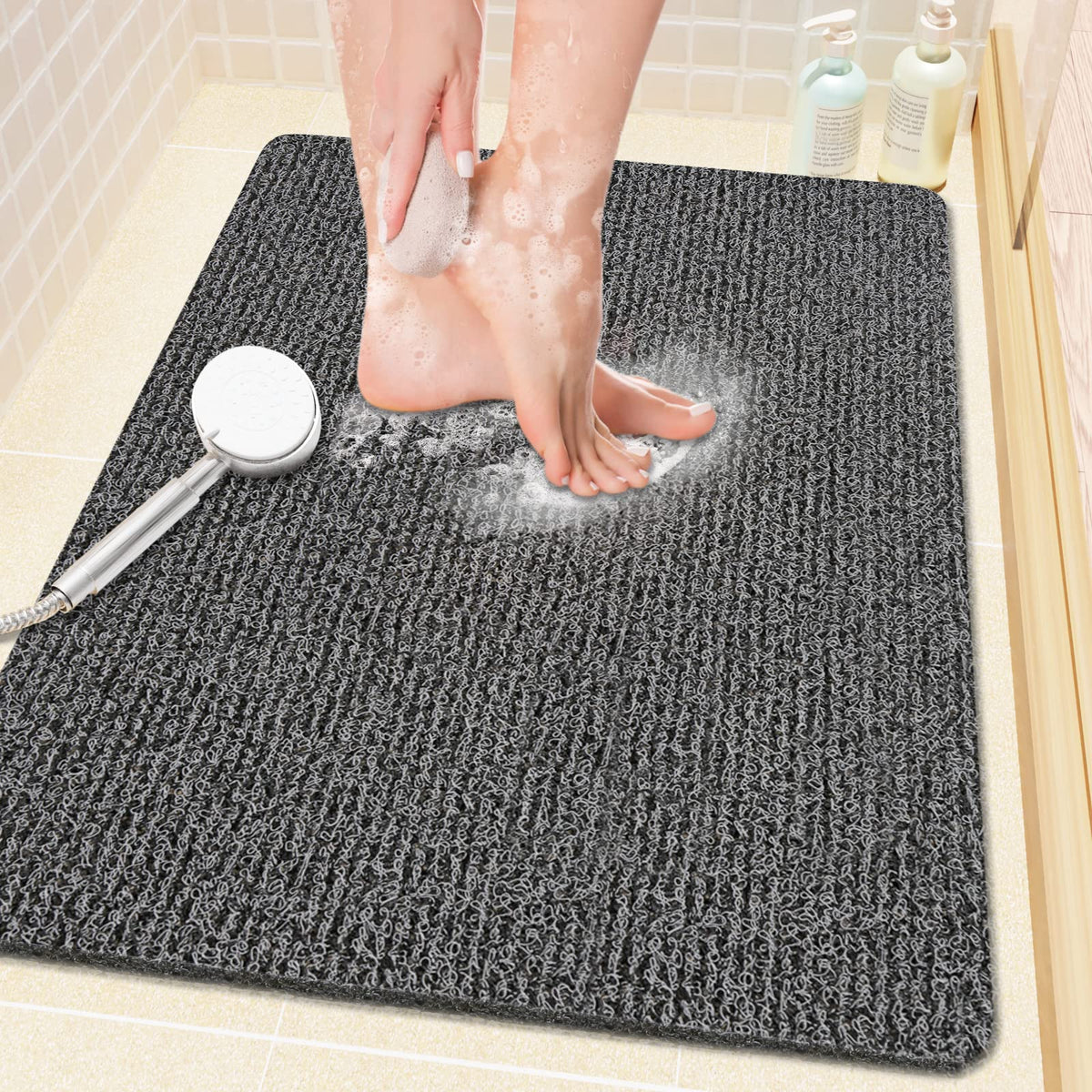 SoftDuo Shower Mat Bathtub Mat Non-Slip Soft Tub Mat | 24x16 inch,PVC Loofah Bath Mat with Drain for Tub and Bathroom,Quick Drying,Grey