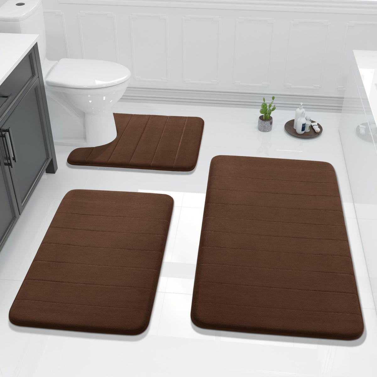 Yimobra Memory Foam Bath Mat Set 3 Pieces- Super Soft Absorbent Quick Dry Bathroom Rug Sets, Machine Washable Non Slip Floor Carpet for Tub Shower, Vanity & Toilet Base, Gray