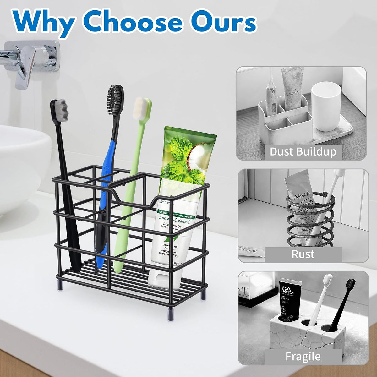 Toothbrush Holders for Bathrooms 304 Stainless Steel Quick Drying Black | Upgrade Heavy Duty Sturdy Durable Toothpaste Holder Bathroom Organizer Storage Decor Accessories Tooth Brush Holder Caddy