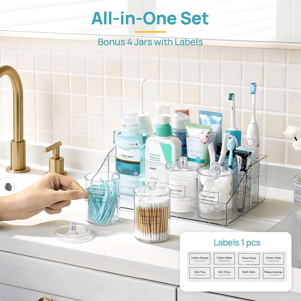 Vtopmart 5 PCS Bathroom Countertop Organizer Sets | 1 Divided Tray, 4 Qtip Holder Jars, Clear, For Toothbrush, Cotton Pads, for bathroom countertop