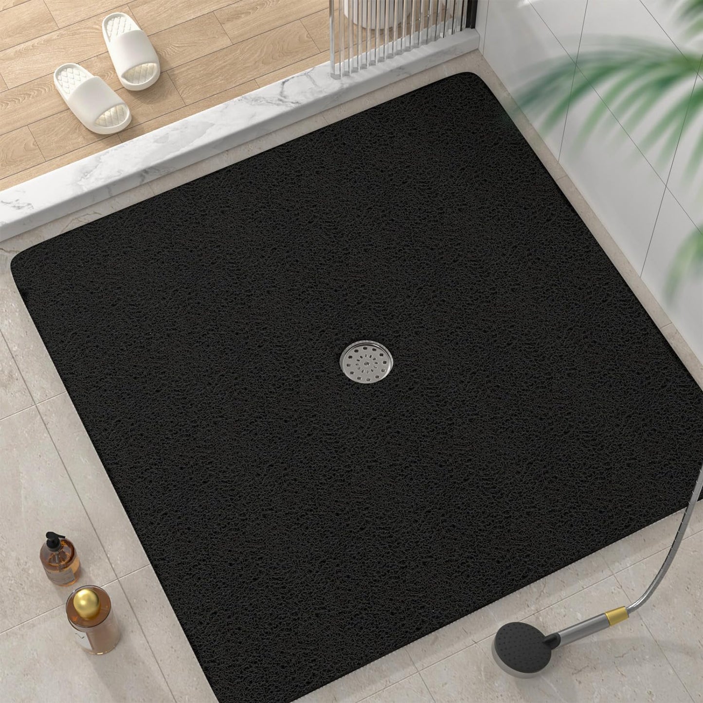 HITSLAM Square Shower Mat, 24 x 24 Inch Non Slip Bath Mat for Tub, Soft PVC Loofah Bathtub Mats with Drain Holes, Quick Drying Bathroom Stall Floor Mat, Bathroom Accessories Without Suction Cup, Grey