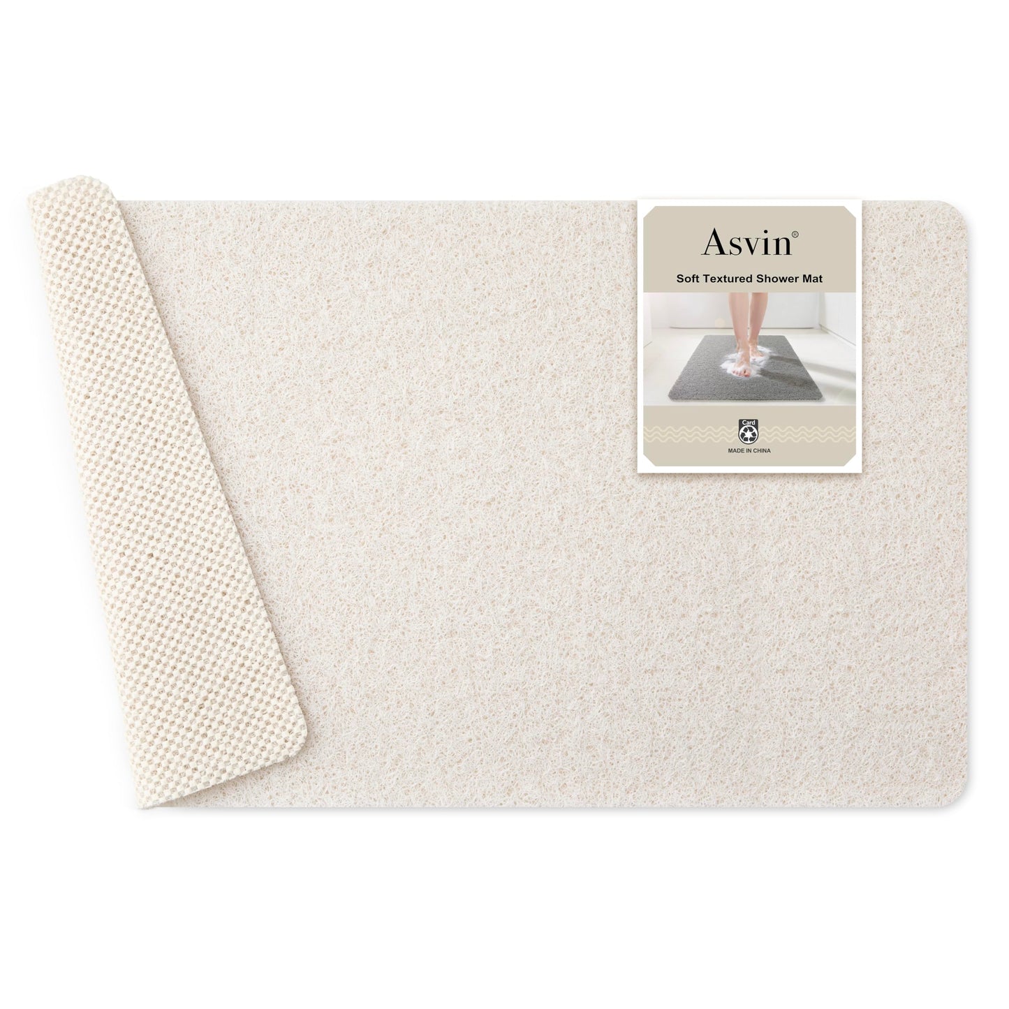 Asvin Soft Textured Bath, Shower, Tub Mat, 24x16 Inch Rectangular, Phthalate Free, Non Slip Comfort Bathtub Mats with Drain, PVC Loofah Bathroom Mat for Wet Areas, Quick Drying, Grey
