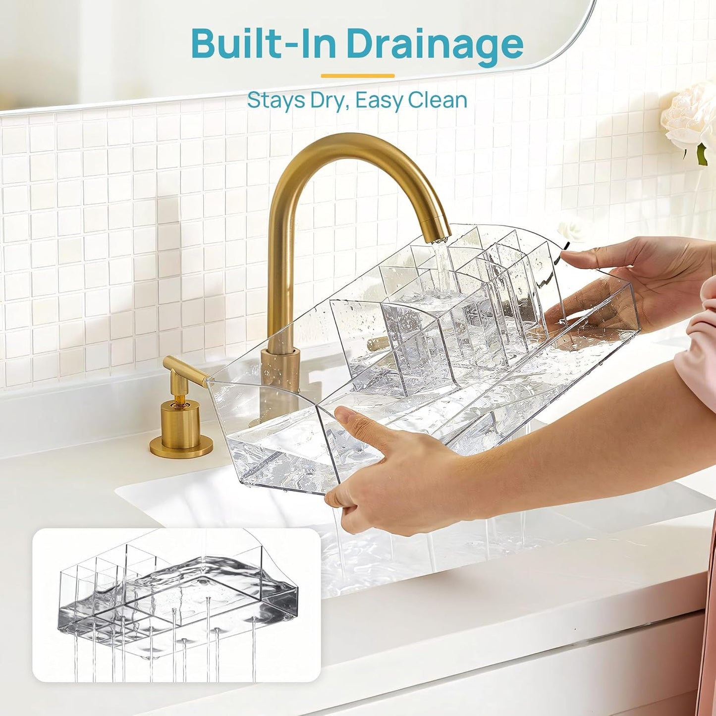 Vtopmart 5 PCS Bathroom Countertop Organizer Sets | 1 Divided Tray, 4 Qtip Holder Jars, Clear, For Toothbrush, Cotton Pads, for bathroom countertop