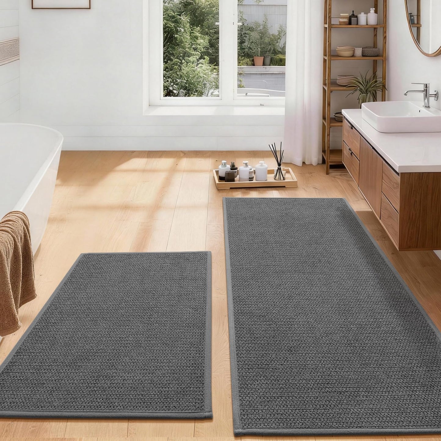 YIHOUSE Gray Bathroom Rugs Sets 3 Piece, Quick Dry Thin Bath Mat with Toilet Rug, Non Slip Absorbent Machine Washable, Bath Runner Rugs for Bathtub Sink Home Decor