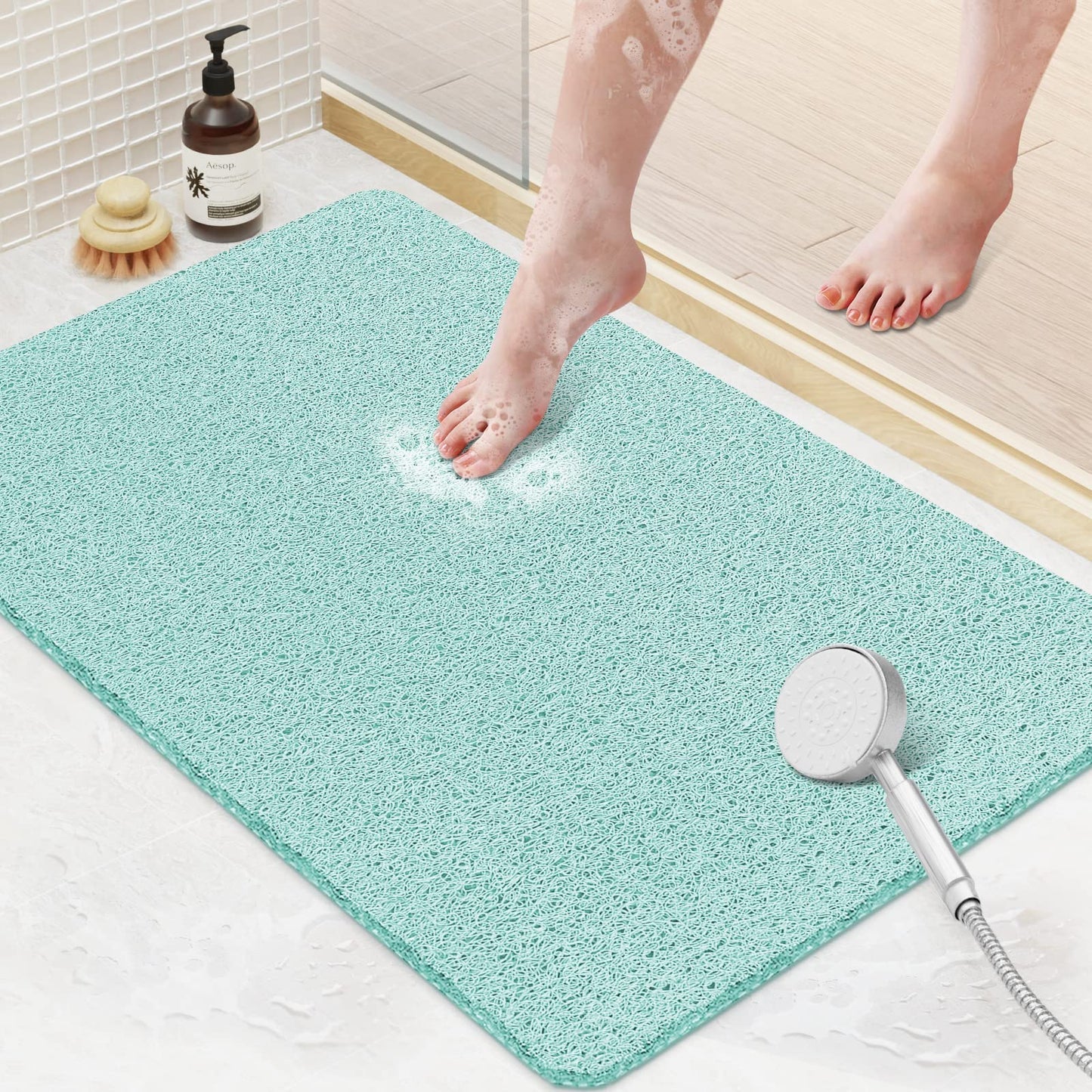 SoftDuo Shower Mat Bathtub Mat Non-Slip Soft Tub Mat | 24x16 inch,PVC Loofah Bath Mat with Drain for Tub and Bathroom,Quick Drying,Grey