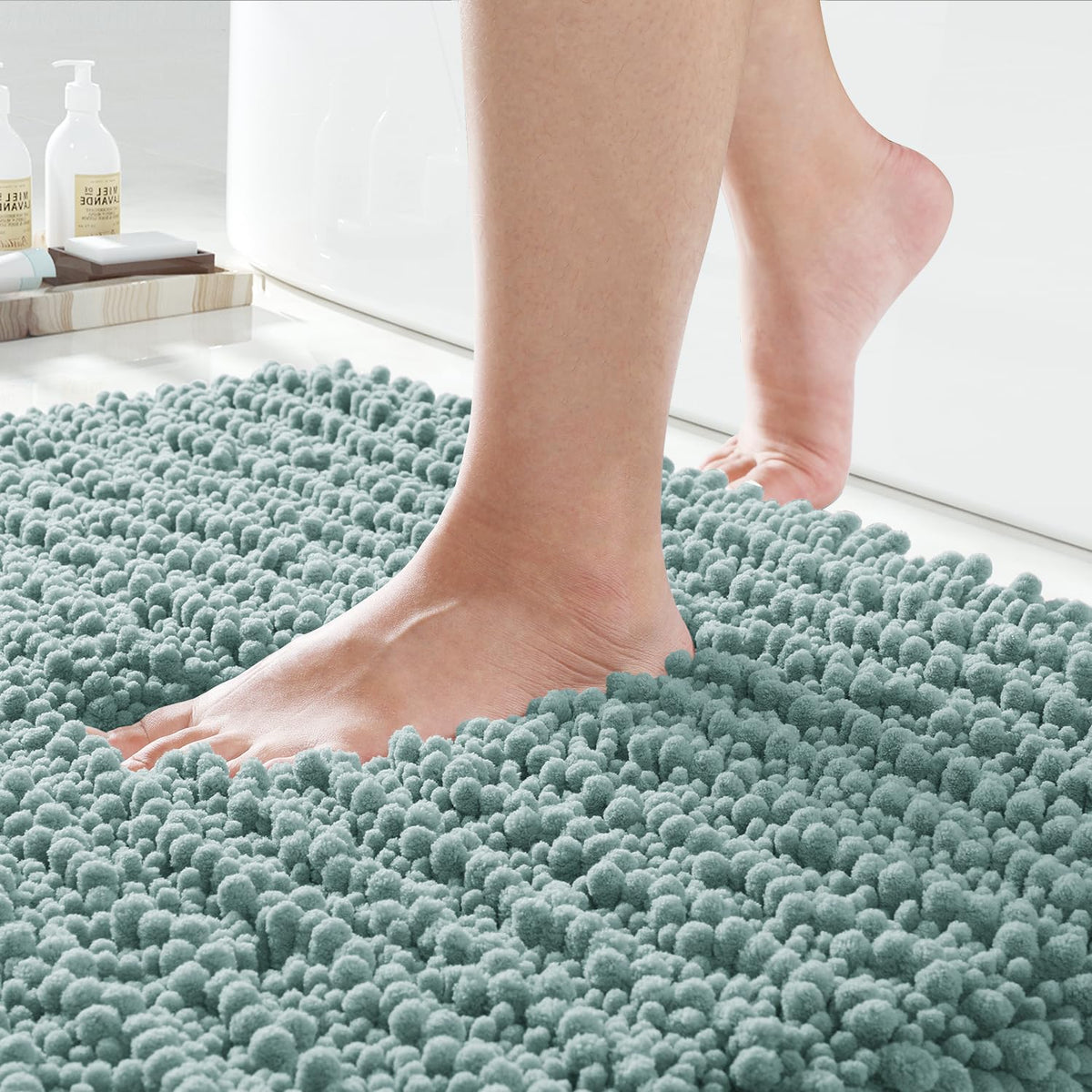 Yimobra Bathroom Rugs Non-Slip Washable – Extra Soft & Absorbent Chenille Bath Mat, Quick-Dry Plush Shaggy Floor & Vanity Bath Rugs for Tub & Shower, Modern Home Decor Accessories, 24 x 17, Grey