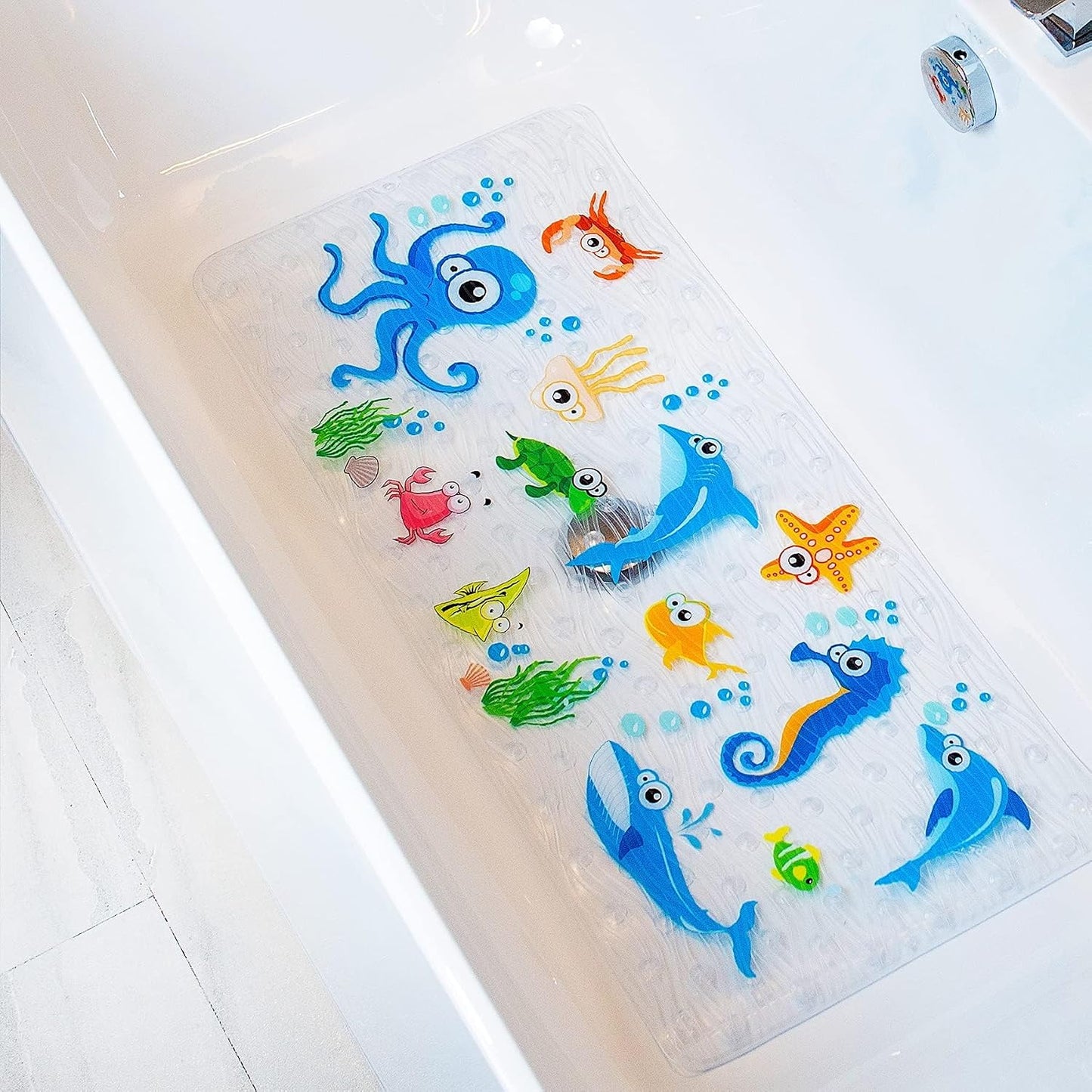 BEEHOMEE Bath Mats for Tub Kids,Baby Toddler - Large Cartoon Non-Slip Bathroom Bathtub Anti-Slip Shower Mats for Floor 35x15,Machine Washable XL Size Bathroom Mats (Blue-Octopus)