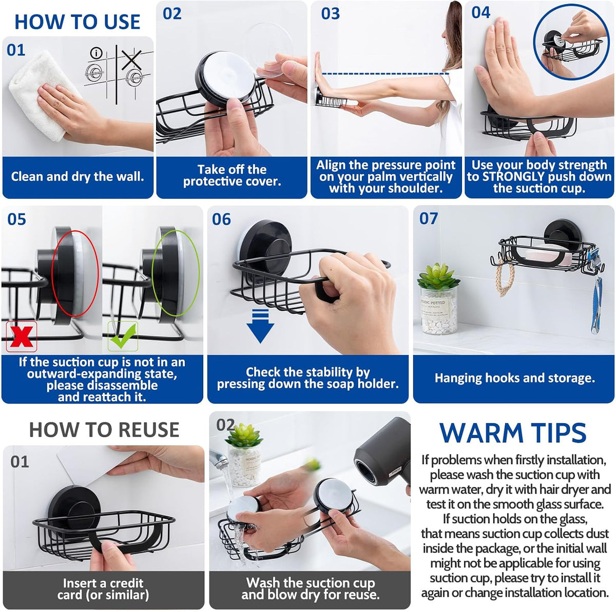 Soap Holder,Soap Dish,Suction Cup,with Hooks,Stainless Steel,Black | bar soap holder,storage soap & sponge for bathroom,shower,kitchen,sink,wall mounted,no drilling removable waterproof
