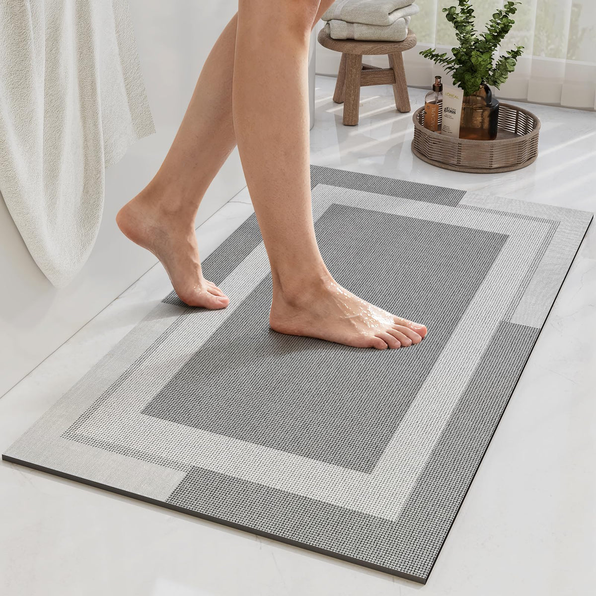 YDKGL Non Slip Bath Mat Thin Bathroom Rugs Fit Under Door Grey 16"x 24" | Quick Dry Absorbent Washable Rubber Backing Bath Rug Shower Mat Bathroom Floor Mat for Sink Bathtub Beside Shower Entrance