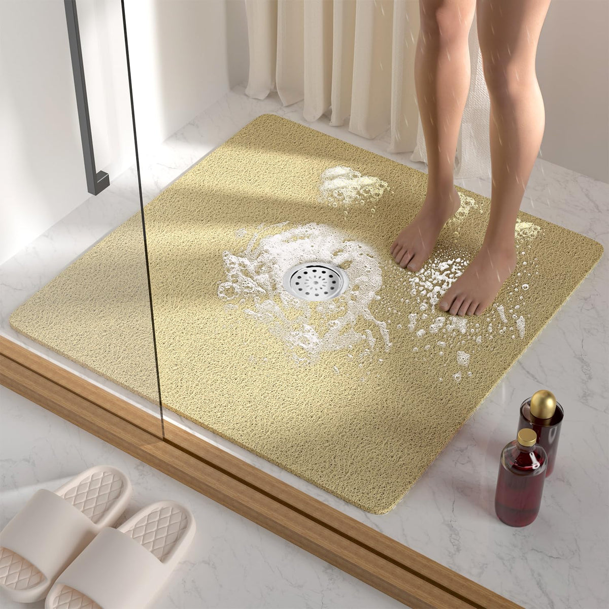 HITSLAM Square Shower Mat, 24 x 24 Inch Non Slip Bath Mat for Tub, Soft PVC Loofah Bathtub Mats with Drain Holes, Quick Drying Bathroom Stall Floor Mat, Bathroom Accessories Without Suction Cup, Grey