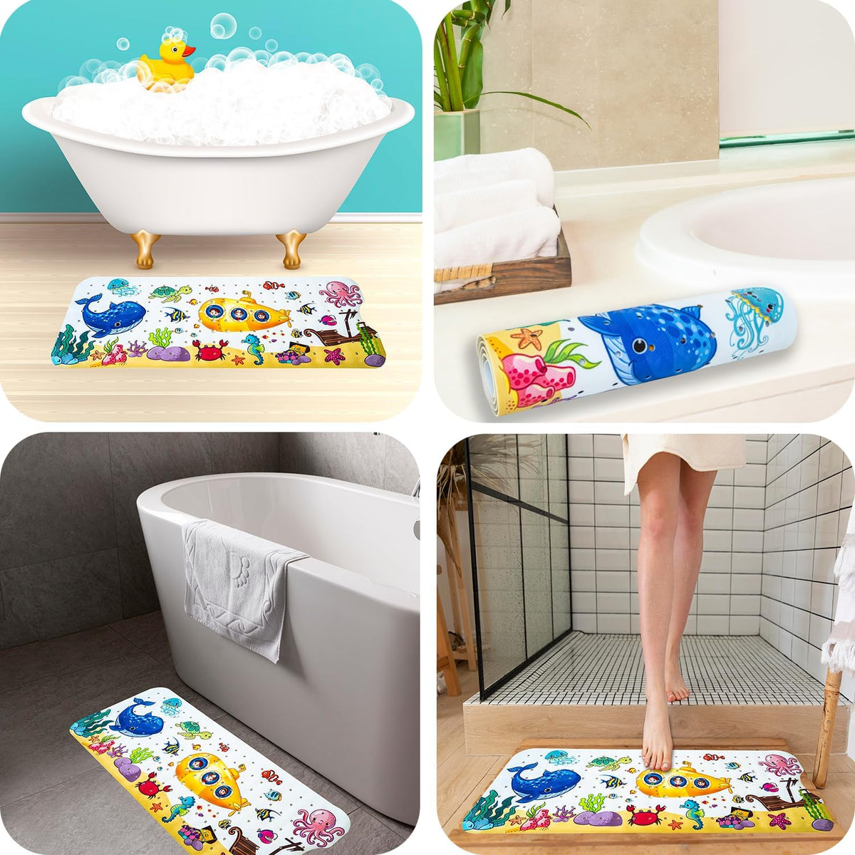 Kids Bath Mat with Ocean Theme Design, 40x16 inches, Non-Slip with 200 Suction Cups, Cartoon Sea Animals Pattern (Whale + Submarine, 40 * 16in)