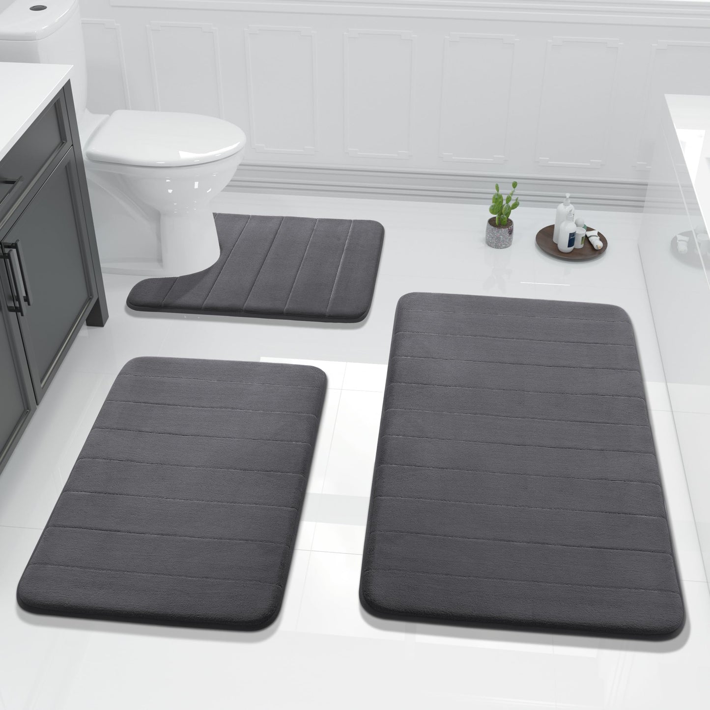 Yimobra Memory Foam Bath Mat Set 3 Pieces- Super Soft Absorbent Quick Dry Bathroom Rug Sets, Machine Washable Non Slip Floor Carpet for Tub Shower, Vanity & Toilet Base, Gray