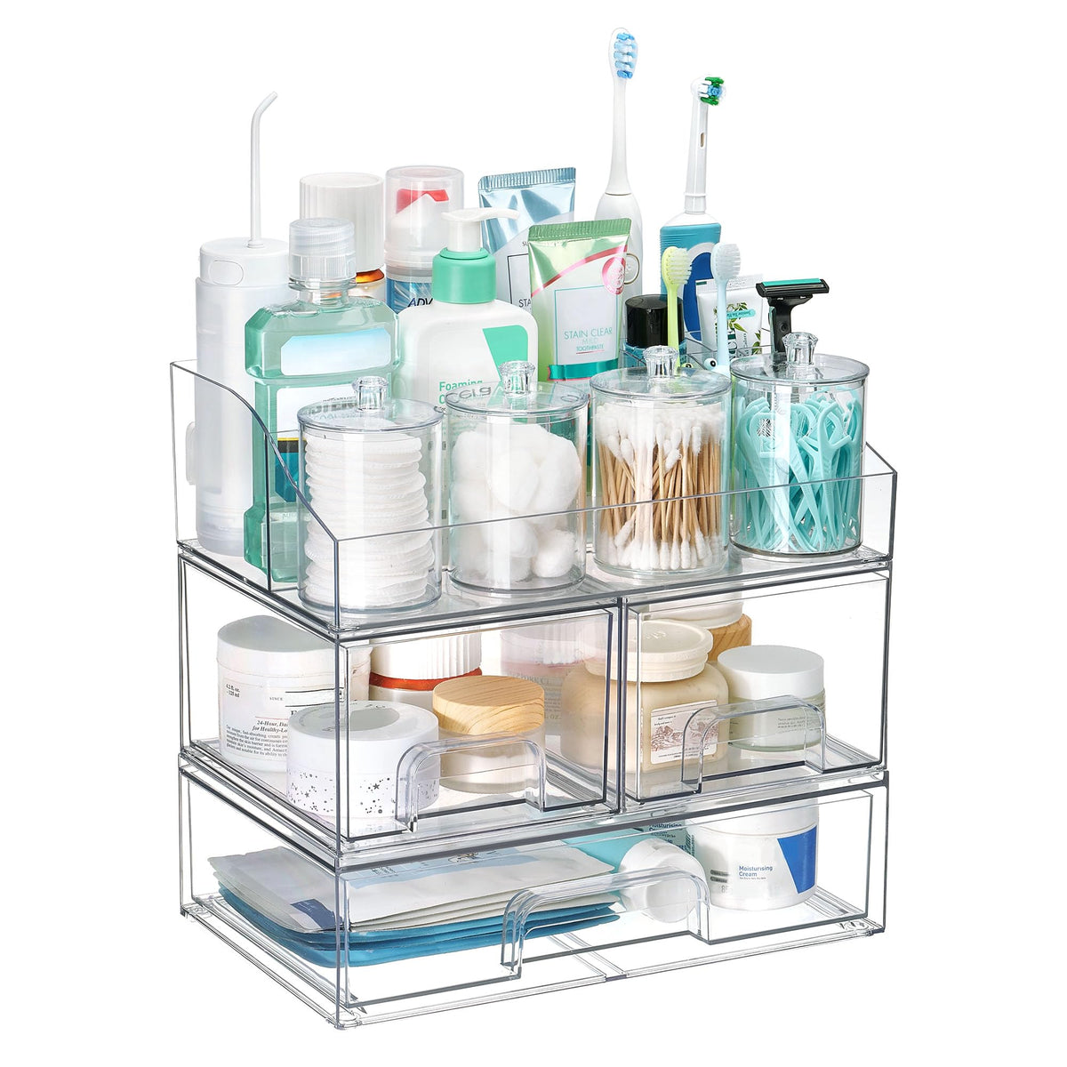 Vtopmart 5 PCS Bathroom Countertop Organizer Sets | 1 Divided Tray, 4 Qtip Holder Jars, Clear, For Toothbrush, Cotton Pads, for bathroom countertop