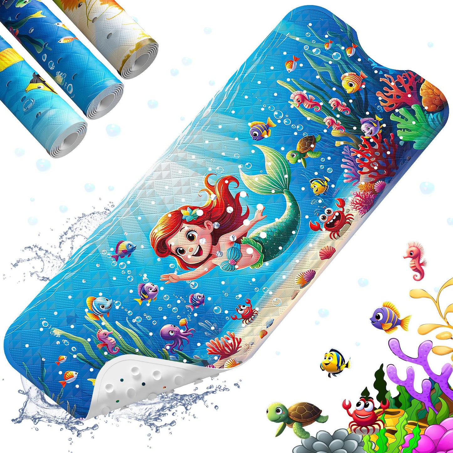 XIYUNTE Baby Bath Mat for Tub Non Slip Kids Bath Mat - 40''x16'' Extra Long Cartoon Turtle Baby Bath Tub Mat Eco-Friendly Toddler Bath Mats with Suction Cups & Drain Holes, Easy to Clean & Easy Drying