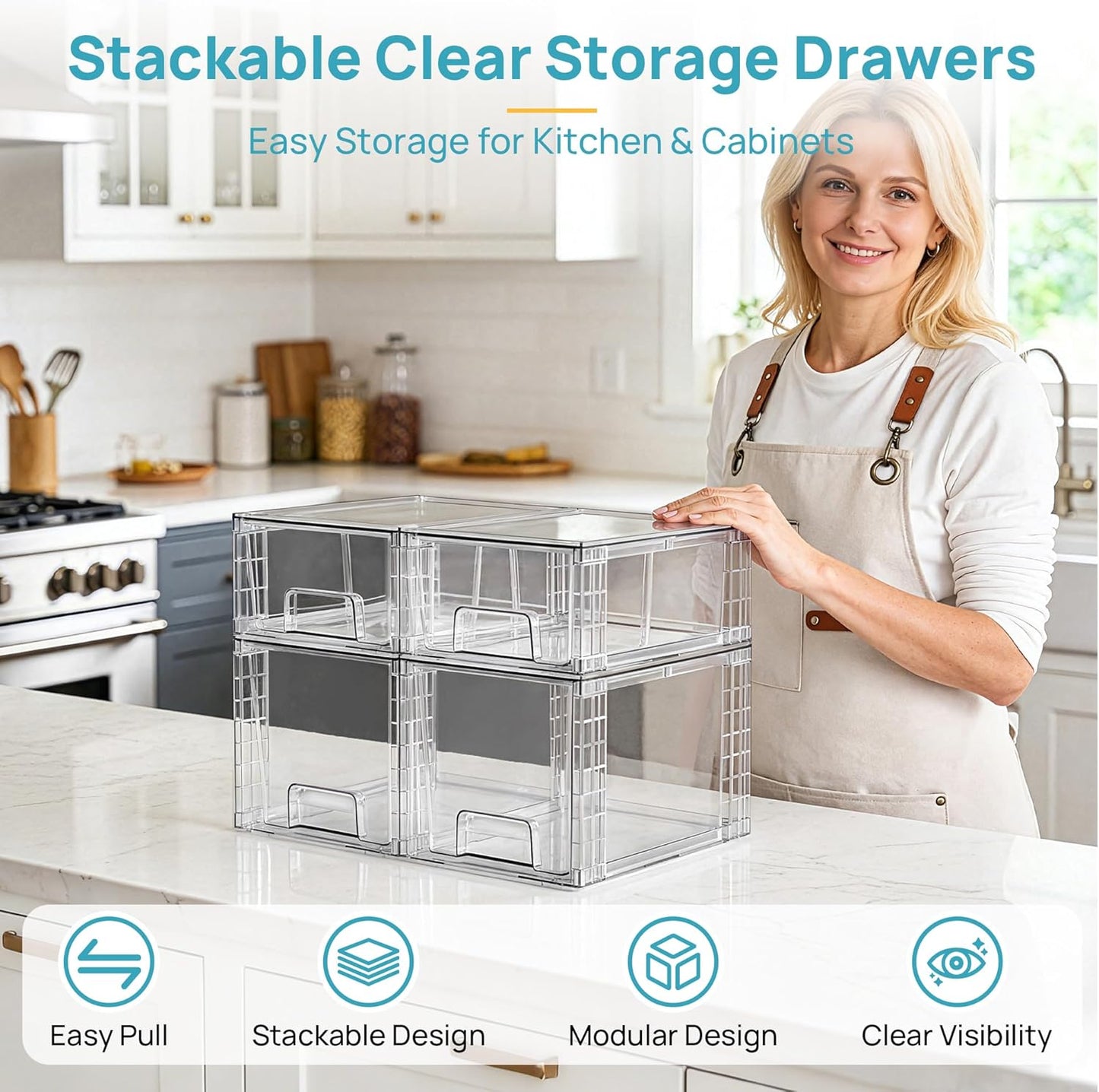 Vtopmart Clear Stackable Storage Drawers, 4 Pack Kitchen Cabinet Set | Medium and Small Pull-Out PET Drawers with Stackable Design for Kitchen Cabinets, Pantry, Under Sink, Medicine