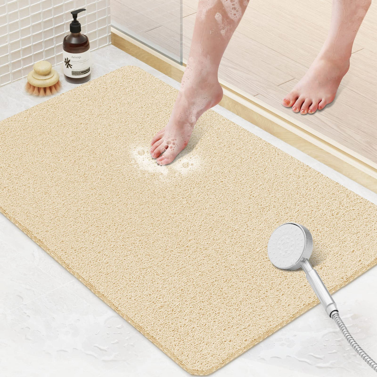 SoftDuo Shower Mat Bathtub Mat Non-Slip Soft Tub Mat | 24x16 inch,PVC Loofah Bath Mat with Drain for Tub and Bathroom,Quick Drying,Grey