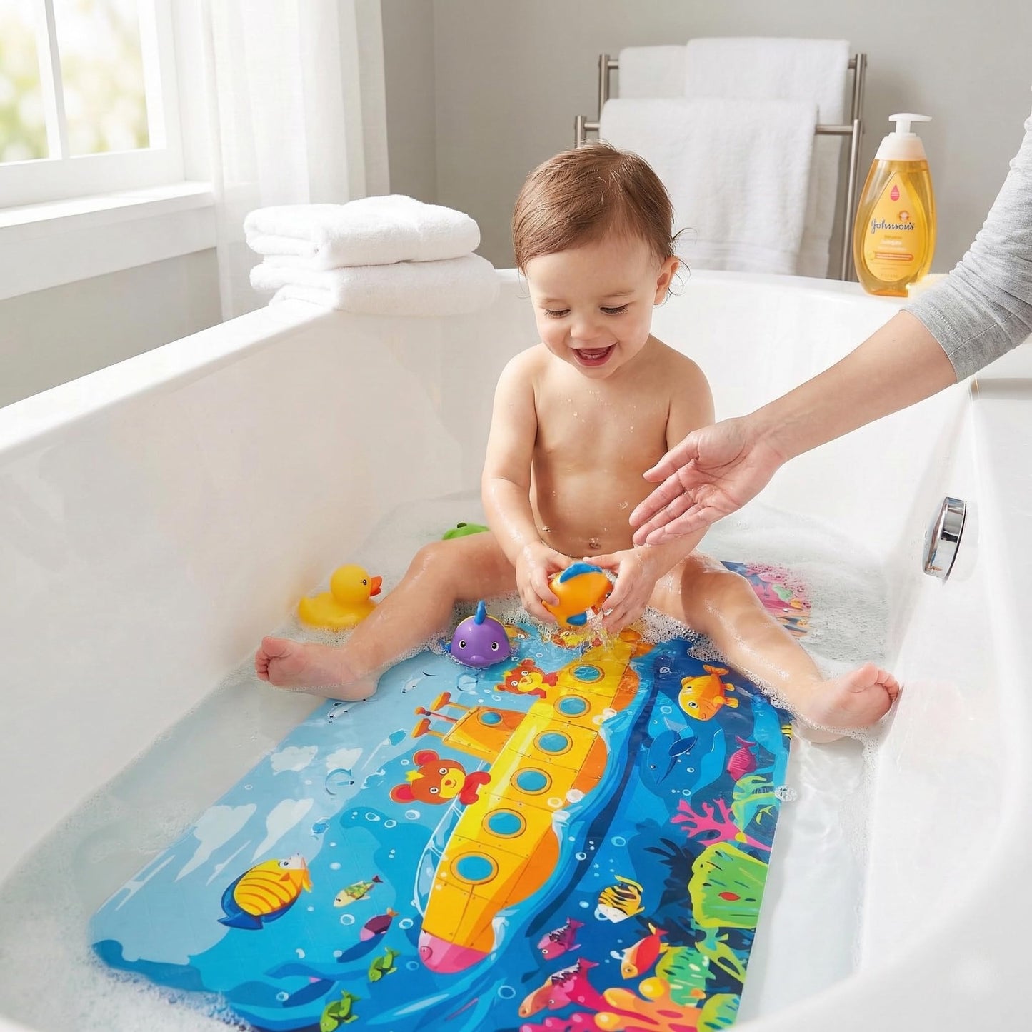 BEEHOMEE Bath Mats for Tub Kids,Baby Toddler - Large Cartoon Non-Slip Bathroom Bathtub Anti-Slip Shower Mats for Floor 35x15,Machine Washable XL Size Bathroom Mats (Blue-Octopus)
