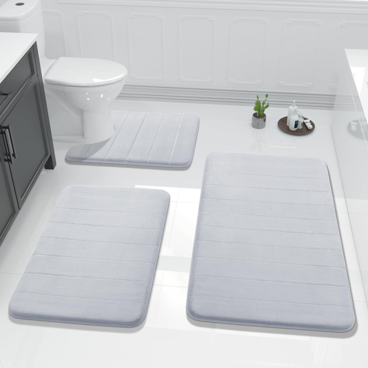 Yimobra Memory Foam Bath Mat Set 3 Pieces- Super Soft Absorbent Quick Dry Bathroom Rug Sets, Machine Washable Non Slip Floor Carpet for Tub Shower, Vanity & Toilet Base, Gray