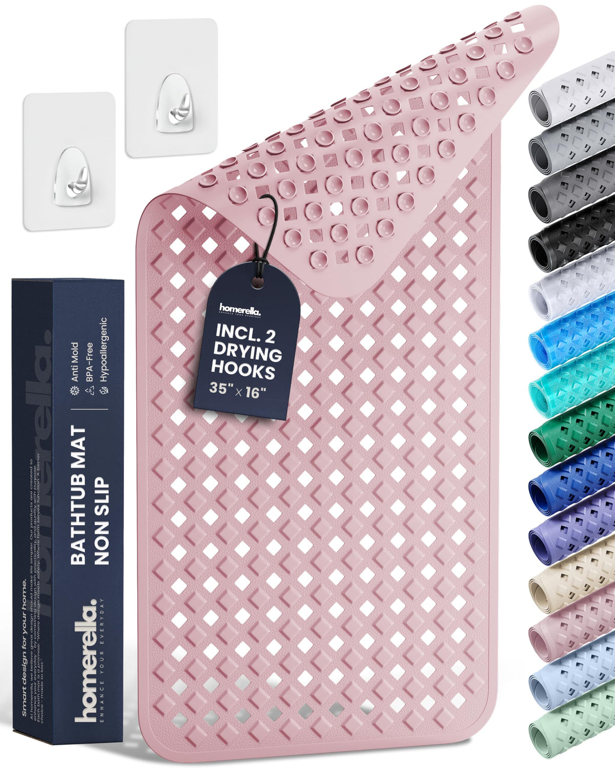 homerella Bathtub Mat Non Slip 35x16 Shower Mat Non Slip Anti Mold BPA Free | Mildew Resistant, Machine Washable, Extra Long Tub Mat, Shower Mats for Inside Shower, Bath Mat for Tub Non Slip EU Certified