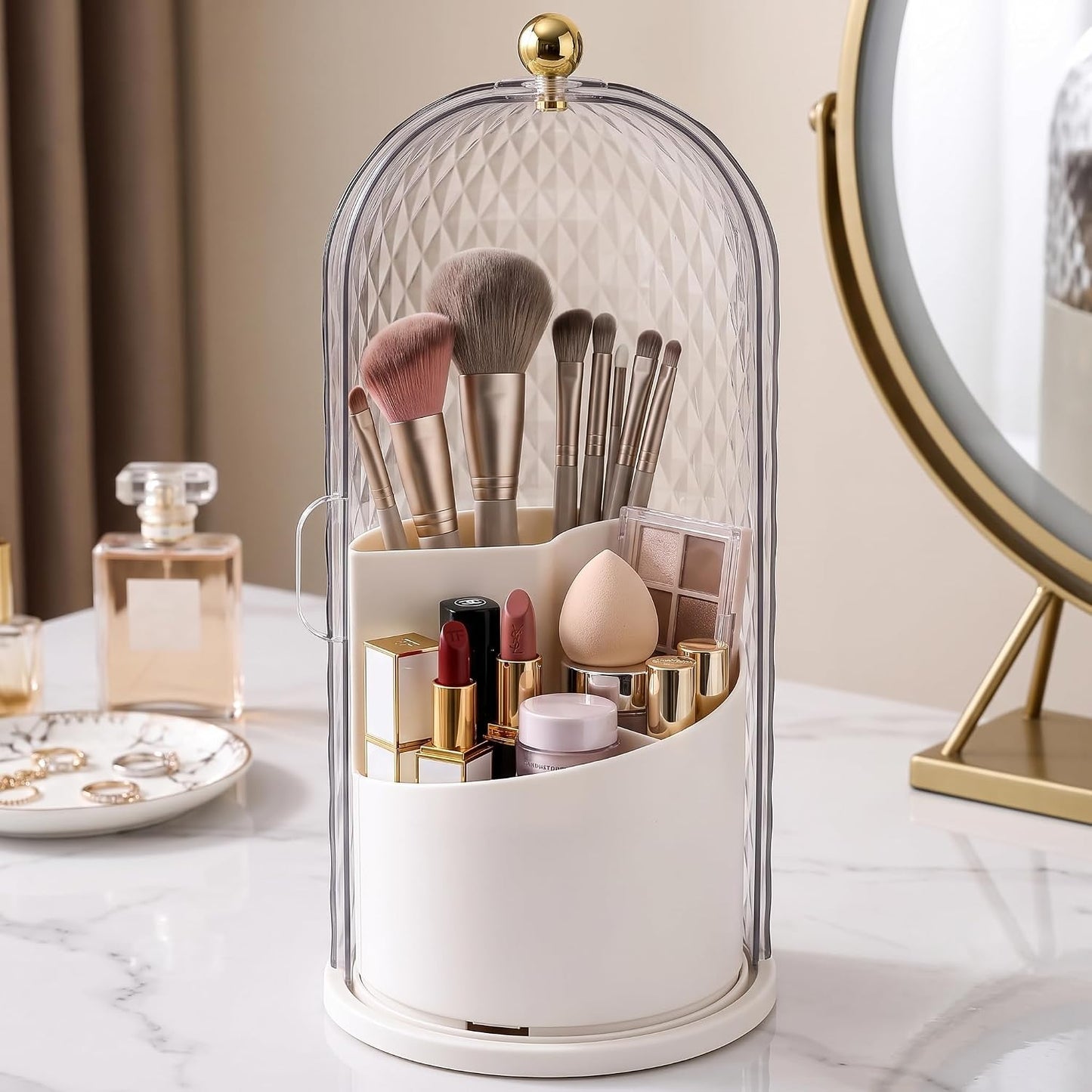 QIYVLOS Toothbrush Holders with Sliding Lid, Rotating 3 Slots Bathroom Organizer Countertop, Tooth Brush Toothpaste Holder Bathroom Counter Stand Caddy for Vanity Makeup Brushes Holder (White)