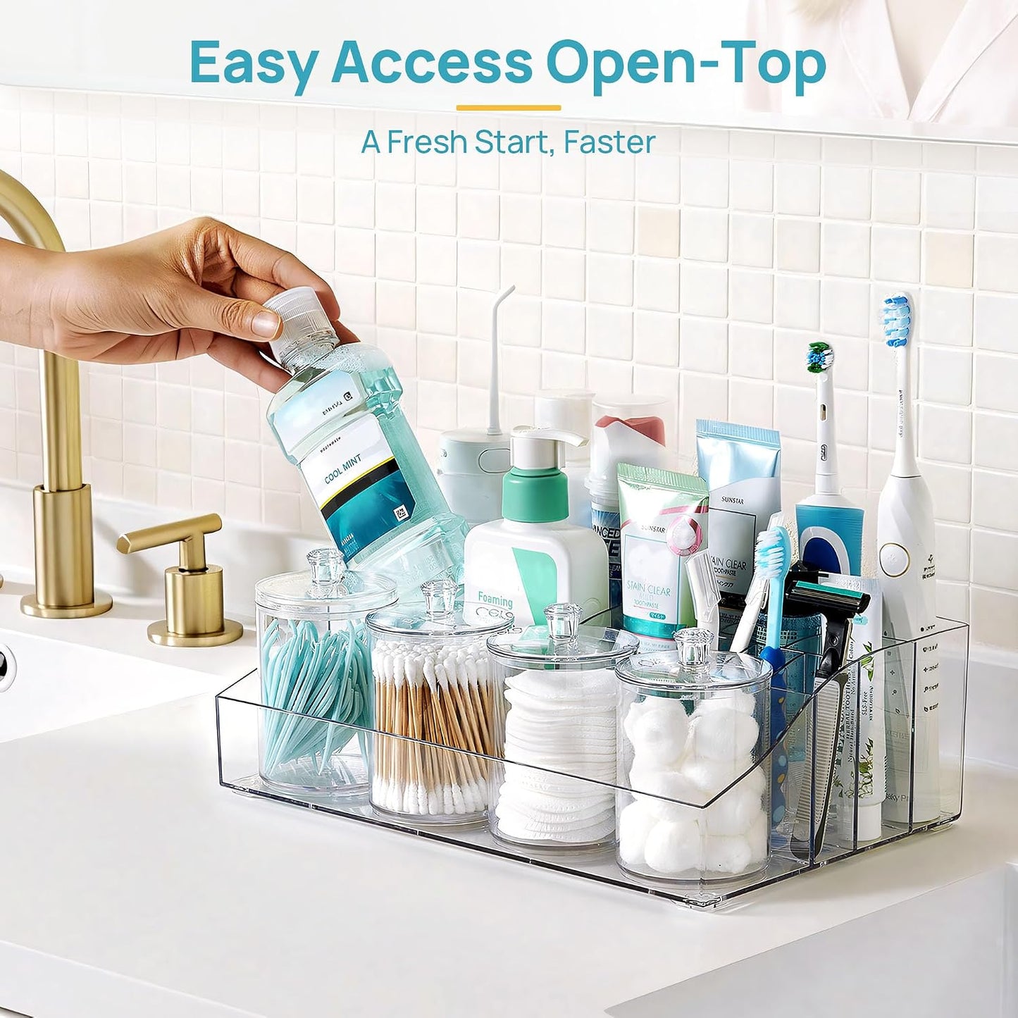 Vtopmart 5 PCS Bathroom Countertop Organizer Sets | 1 Divided Tray, 4 Qtip Holder Jars, Clear, For Toothbrush, Cotton Pads, for bathroom countertop