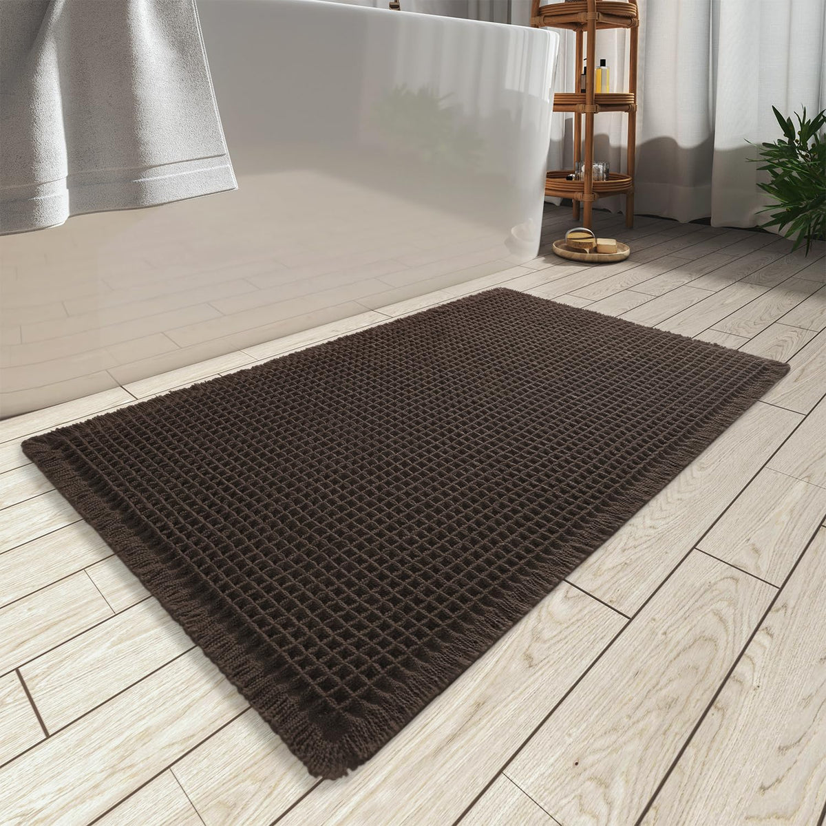 Upgraded Waffle Bath Mat Ultra Absorbent Non Slip Bathroom Mat, 17" x 24" | Brown, Quick Dry Washable Bathroom Rugs, Extra Soft Decorative Bath Rugs for Bathroom Floor, Beside Tub and Shower