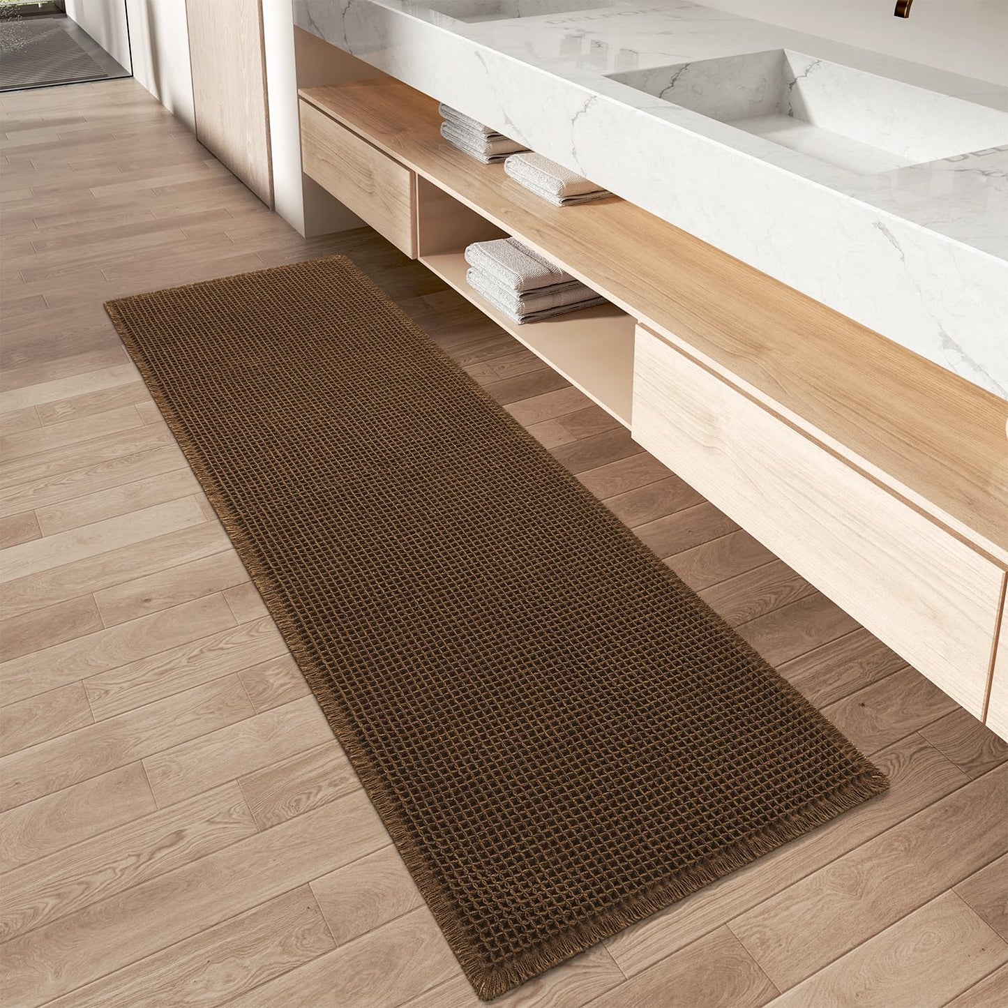 Upgraded Waffle Bath Mat Ultra Absorbent Non Slip Bathroom Mat, 17" x 24" | Brown, Quick Dry Washable Bathroom Rugs, Extra Soft Decorative Bath Rugs for Bathroom Floor, Beside Tub and Shower