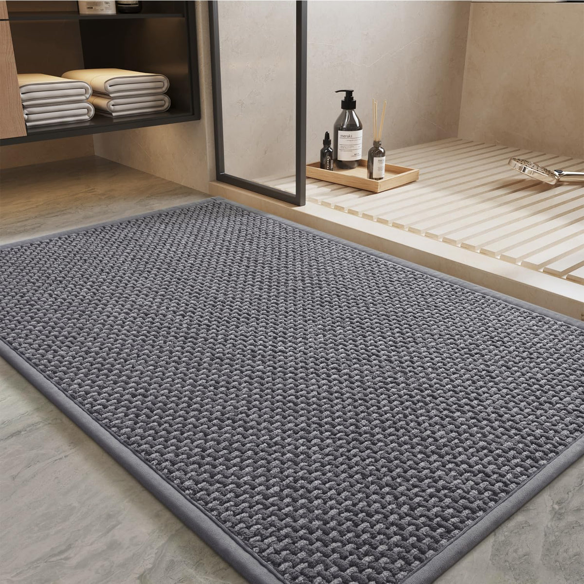 PADOOR-Bath Mat-Super Absorbent Chenille Bathroom Mats-Rubber Backed Bath Mats for Bathroom Non Slip, Easy Clean Bathroom Rugs Front of Bathtub,Shower Room,Sink-17×28, Beige&Cream
