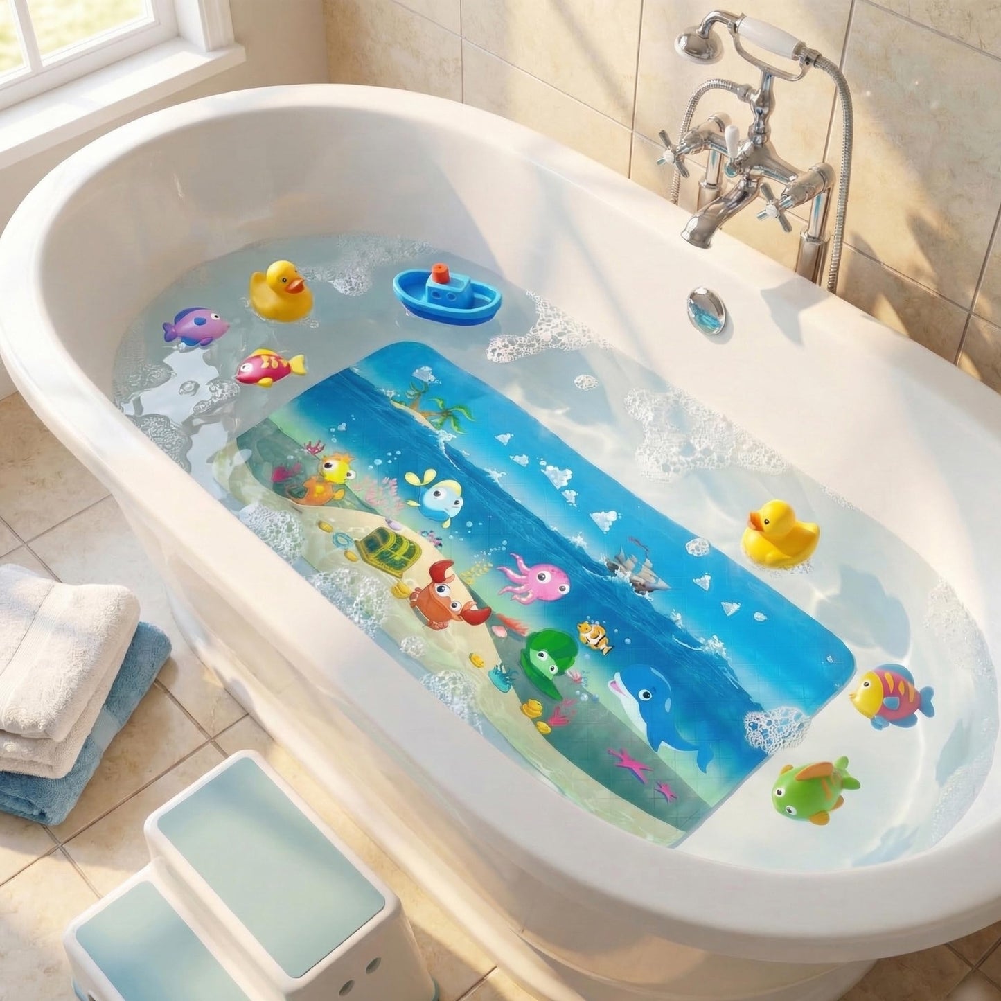 BEEHOMEE Bath Mats for Tub Kids,Baby Toddler - Large Cartoon Non-Slip Bathroom Bathtub Anti-Slip Shower Mats for Floor 35x15,Machine Washable XL Size Bathroom Mats (Blue-Octopus)