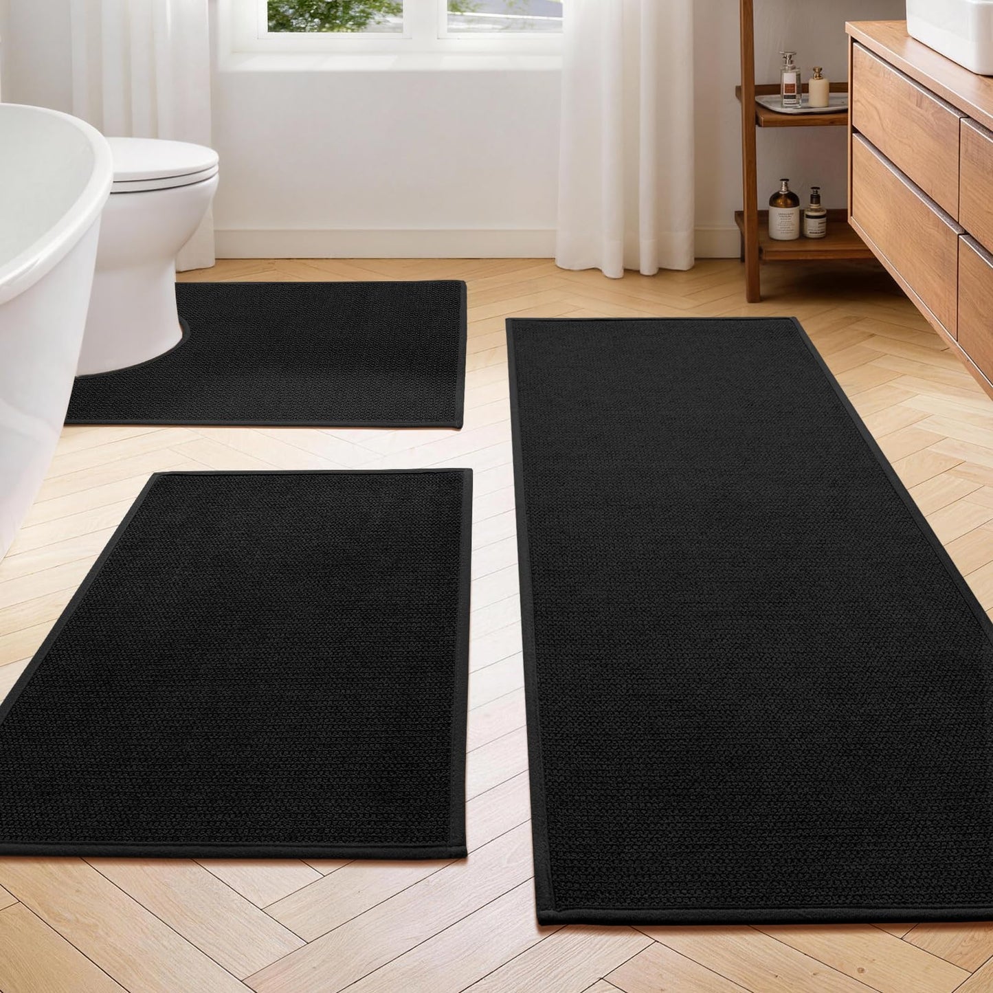YIHOUSE Gray Bathroom Rugs Sets 3 Piece, Quick Dry Thin Bath Mat with Toilet Rug, Non Slip Absorbent Machine Washable, Bath Runner Rugs for Bathtub Sink Home Decor