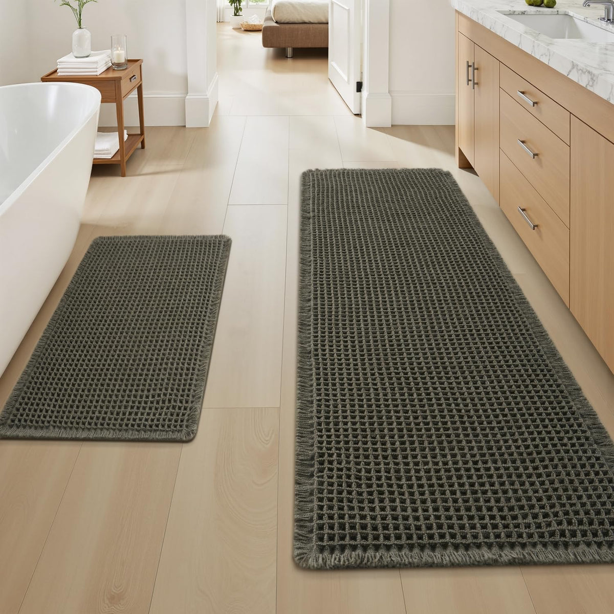 Upgraded Waffle Bath Mat Ultra Absorbent Non Slip Bathroom Mat, 17" x 24" | Brown, Quick Dry Washable Bathroom Rugs, Extra Soft Decorative Bath Rugs for Bathroom Floor, Beside Tub and Shower