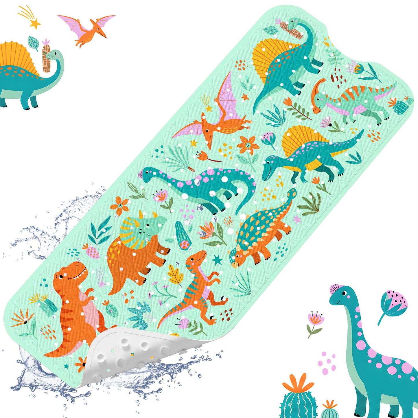 XIYUNTE Baby Bath Mat for Tub Non Slip Kids Bath Mat - 40''x16'' Extra Long Cartoon Turtle Baby Bath Tub Mat Eco-Friendly Toddler Bath Mats with Suction Cups & Drain Holes, Easy to Clean & Easy Drying