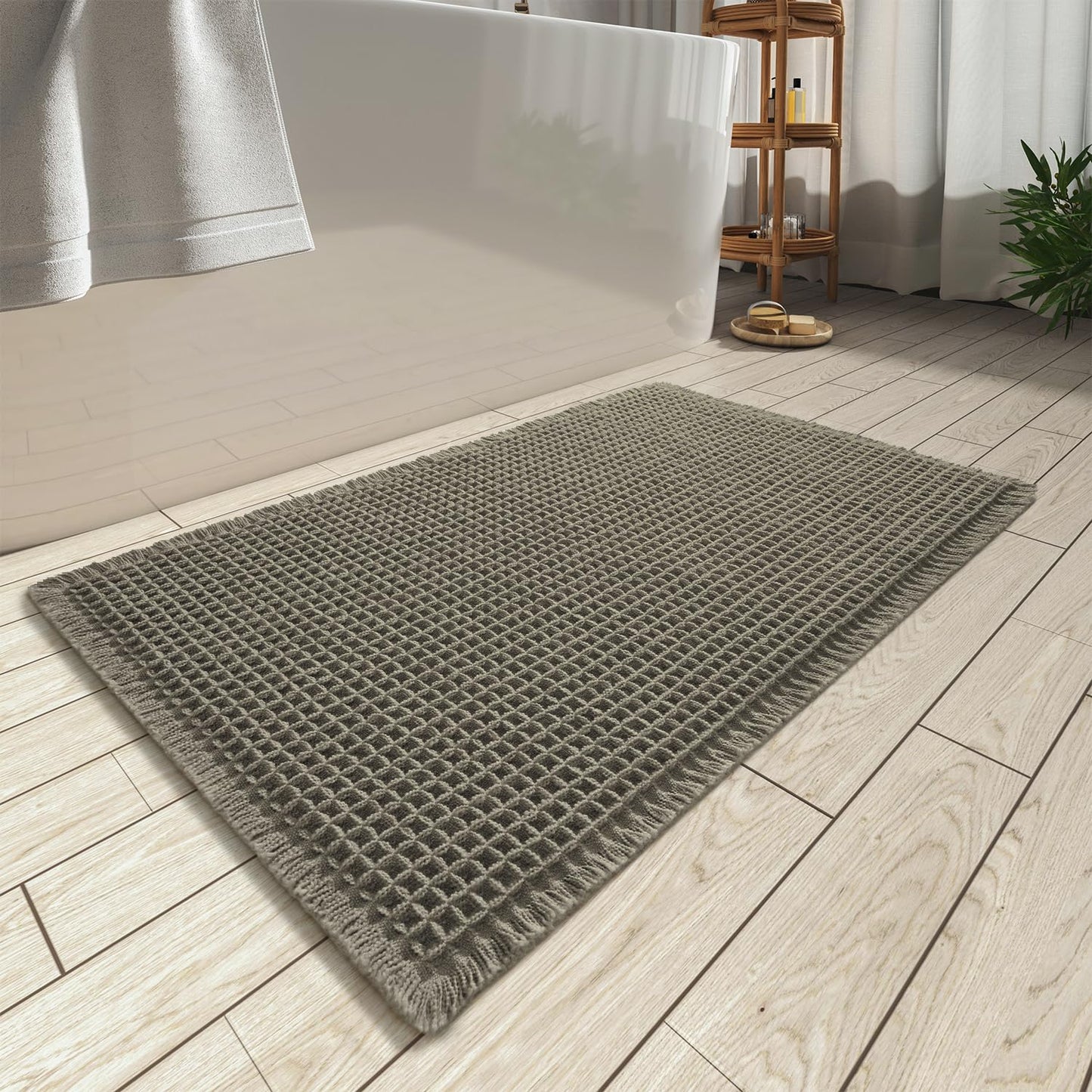 Upgraded Waffle Bath Mat Ultra Absorbent Non Slip Bathroom Mat, 17" x 24" | Brown, Quick Dry Washable Bathroom Rugs, Extra Soft Decorative Bath Rugs for Bathroom Floor, Beside Tub and Shower