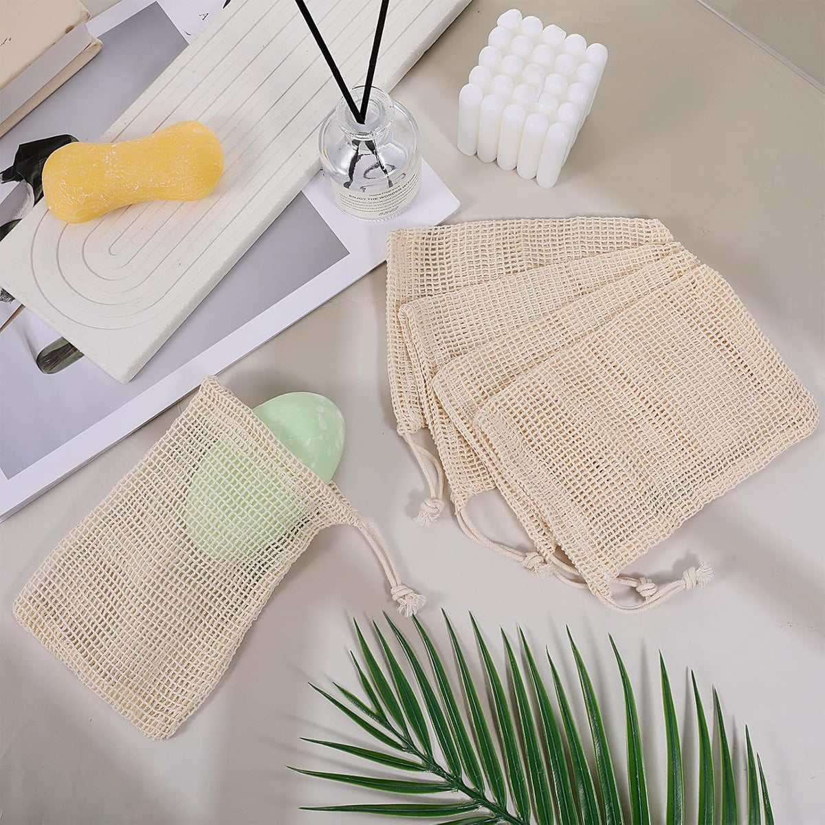 6 PCS Natural Sisal Soap Saver Bag, Mesh Sisal Soap Bags for Soap Bars with Drawstring, Exfoliating Foaming Quick Drying Bar Soap Net Pouch for Shower