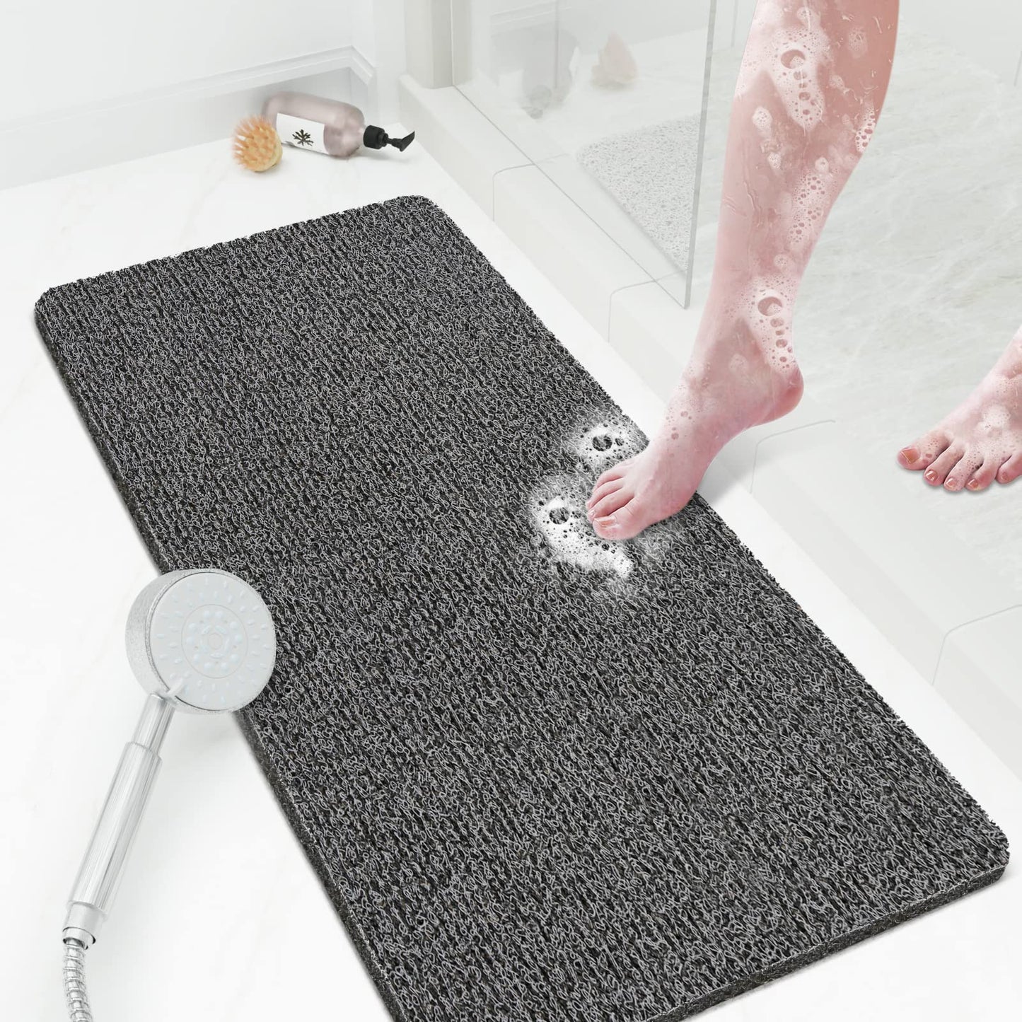SoftDuo Shower Mat Bathtub Mat Non-Slip Soft Tub Mat | 24x16 inch,PVC Loofah Bath Mat with Drain for Tub and Bathroom,Quick Drying,Grey