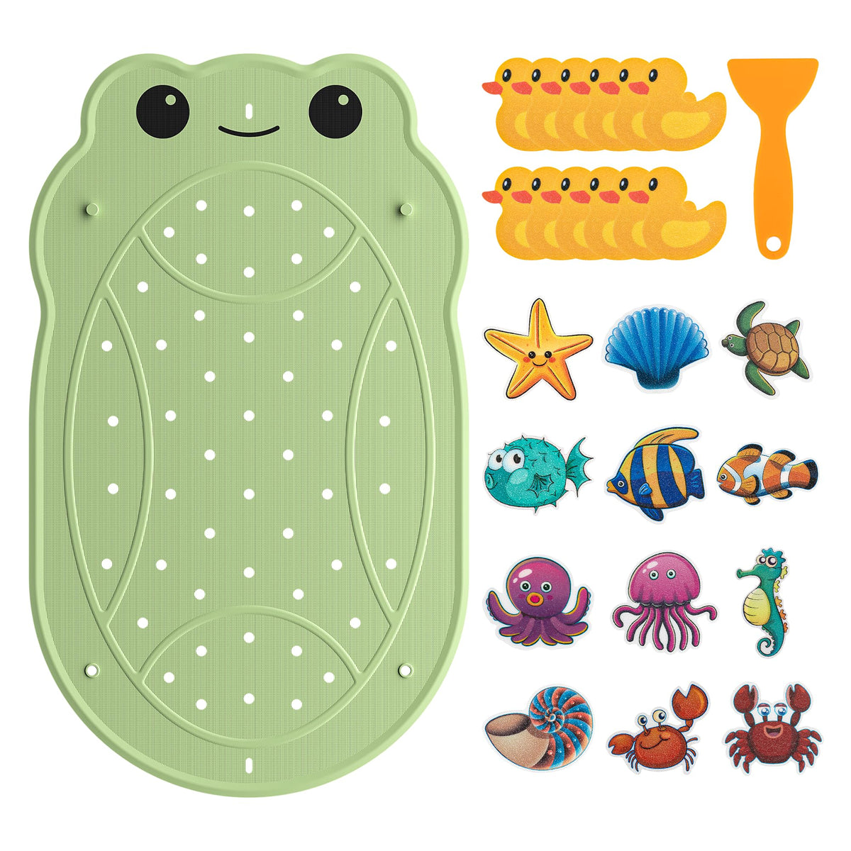 UNEEDE Kids Bathtub Mat Non Slip, Soft Rubber Shower Mat for Toddler | Machine Washable Baby Bath Mat with 100+ suction cups and 50+ Drainage Holes, 30"x18" Cute Frog Design, Baby Bath Essentials