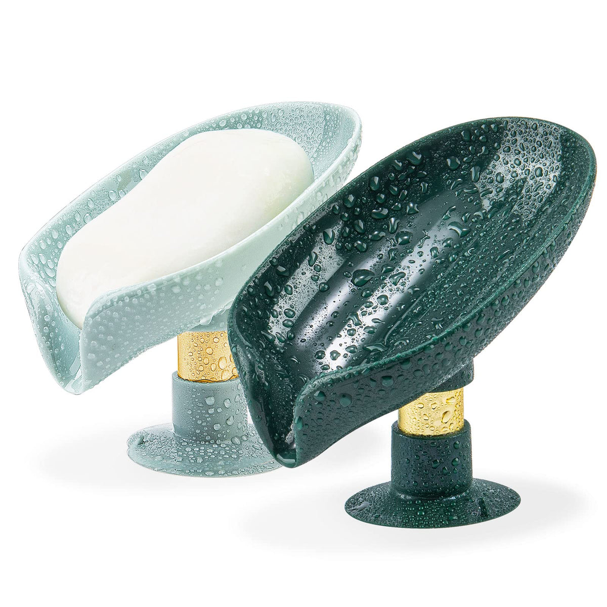 2 Pack Soap Holder Leaf-Shape Self Draining Soap Dish Holder, Not Punched Easy Clean Bar Soap Holder, with Suction Cup Soap Dish Suitable for Shower, Bathroom, Kitchen Sink (Grey + Green)