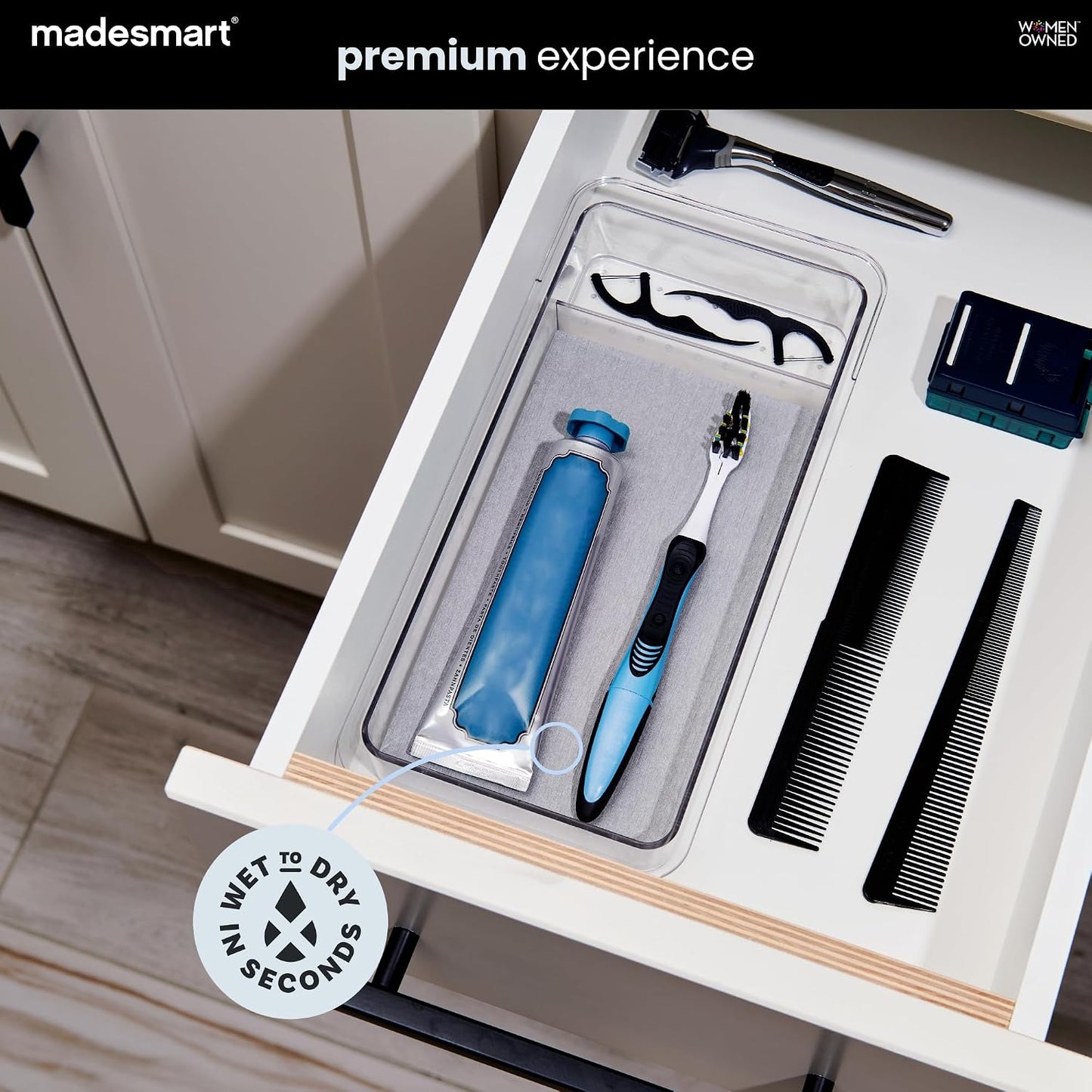 madesmart Drying Stone Drawer Organizer, Clear | diatomite, fast drying surface, divided layout, toothpaste floss, dental items, bathroom counter, woman owned