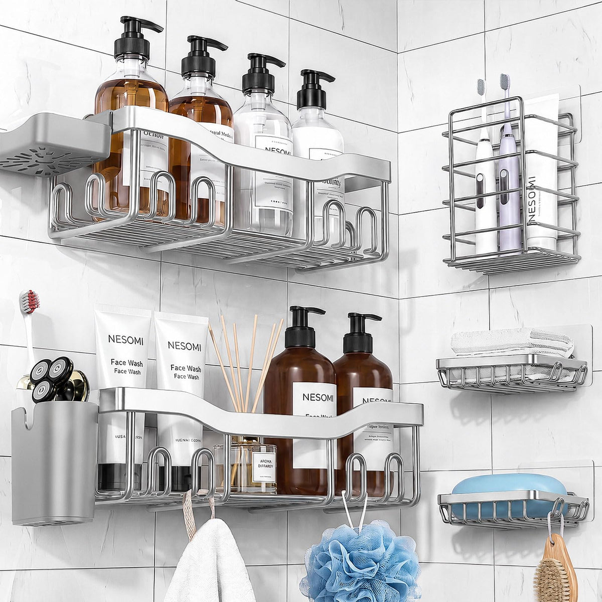 NESOMI 7-Pack Shower Caddy Adhesive,Stainless Steel Shower Organizer Shelf | Rustproof, with Soap Dish Toothbrush Holder, Large Capacity, No-Drill Rack Bathroom Storage Accessories, 24 Hooks, Home Decor
