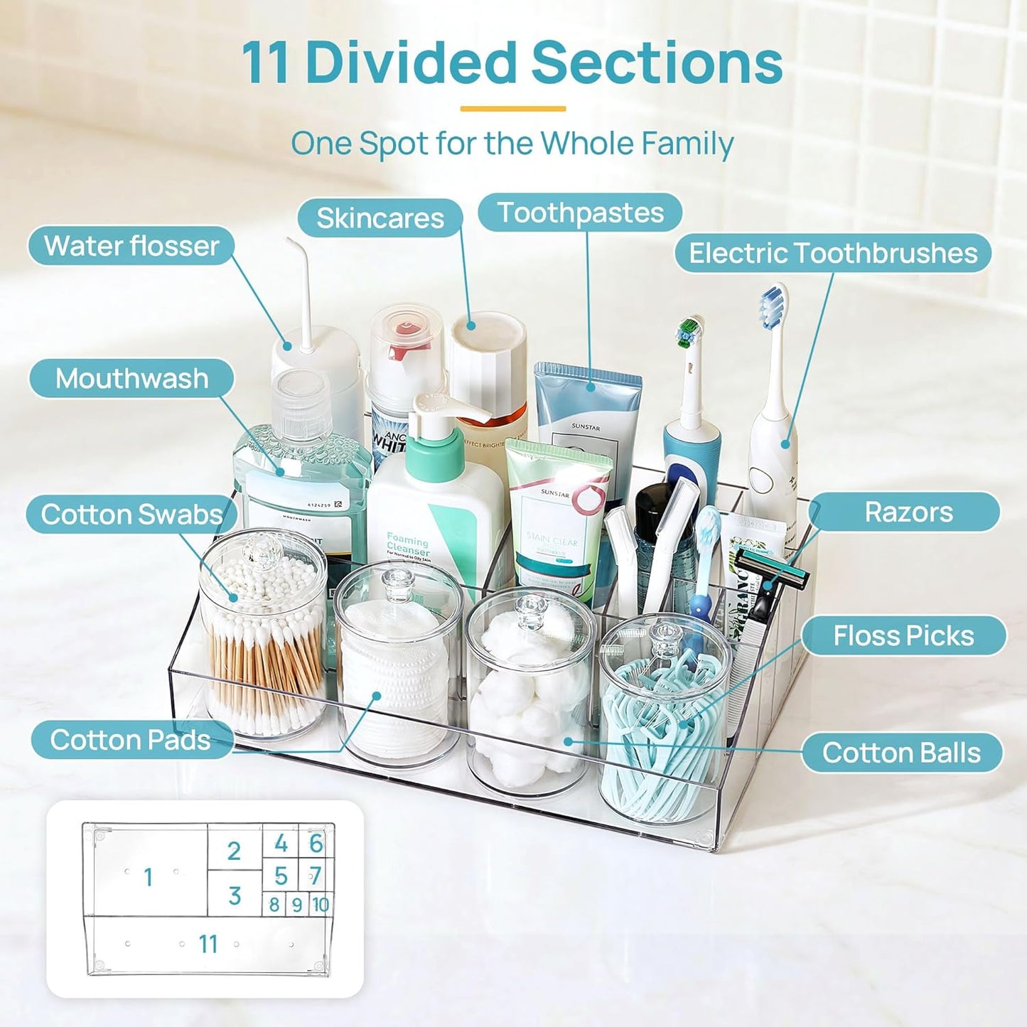 Vtopmart 5 PCS Bathroom Countertop Organizer Sets | 1 Divided Tray, 4 Qtip Holder Jars, Clear, For Toothbrush, Cotton Pads, for bathroom countertop