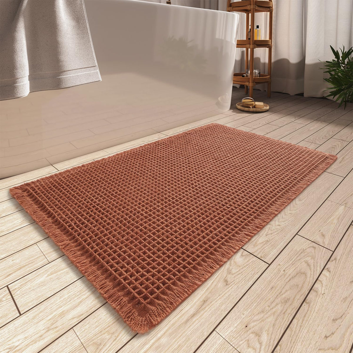 Upgraded Waffle Bath Mat Ultra Absorbent Non Slip Bathroom Mat, 17" x 24" | Brown, Quick Dry Washable Bathroom Rugs, Extra Soft Decorative Bath Rugs for Bathroom Floor, Beside Tub and Shower