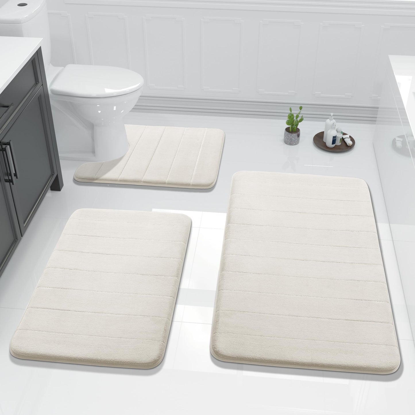 Yimobra Memory Foam Bath Mat Set 3 Pieces- Super Soft Absorbent Quick Dry Bathroom Rug Sets, Machine Washable Non Slip Floor Carpet for Tub Shower, Vanity & Toilet Base, Gray