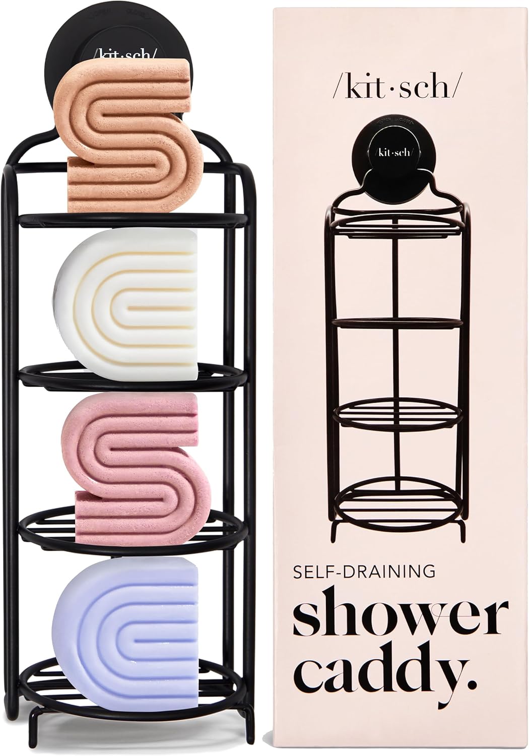 Kitsch Shower Caddy Hanging with Suction Cup | Self-Draining Shampoo Bar Holder & Shower Shelves for Conditioner Bars & Soap – Rust Proof Bathroom Caddy
